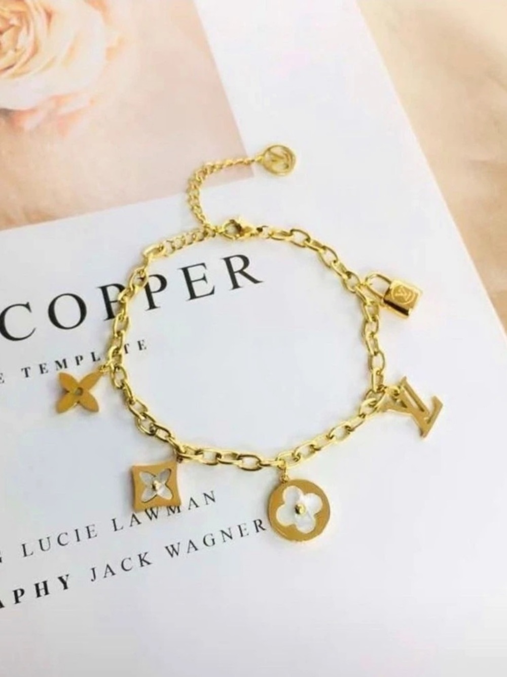 Designer Inspired Lulu Charm Bracelet in Gold & White